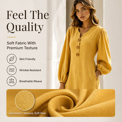 Yellow V-neck maxi dress with puff sleeves and button front, soft fabric texture