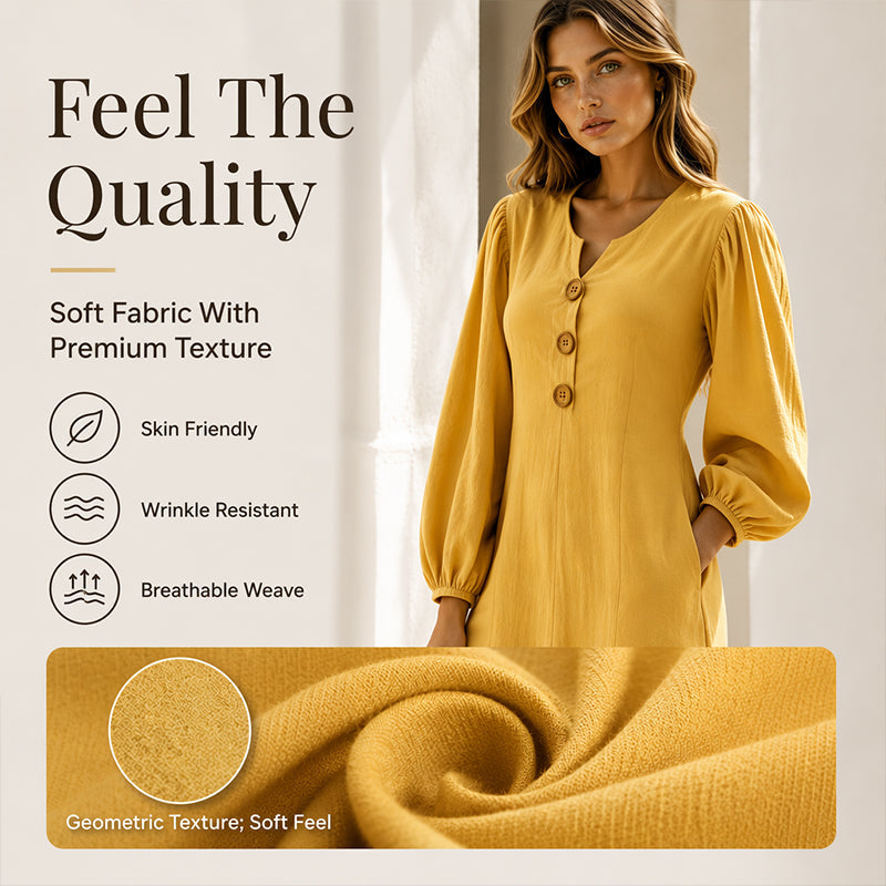 Yellow V-neck maxi dress with puff sleeves and button front, soft fabric texture