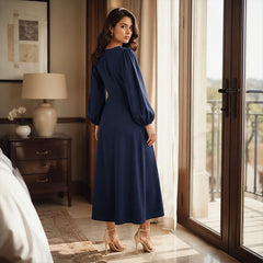 Navy V-neck maxi dress with puff sleeves and button front