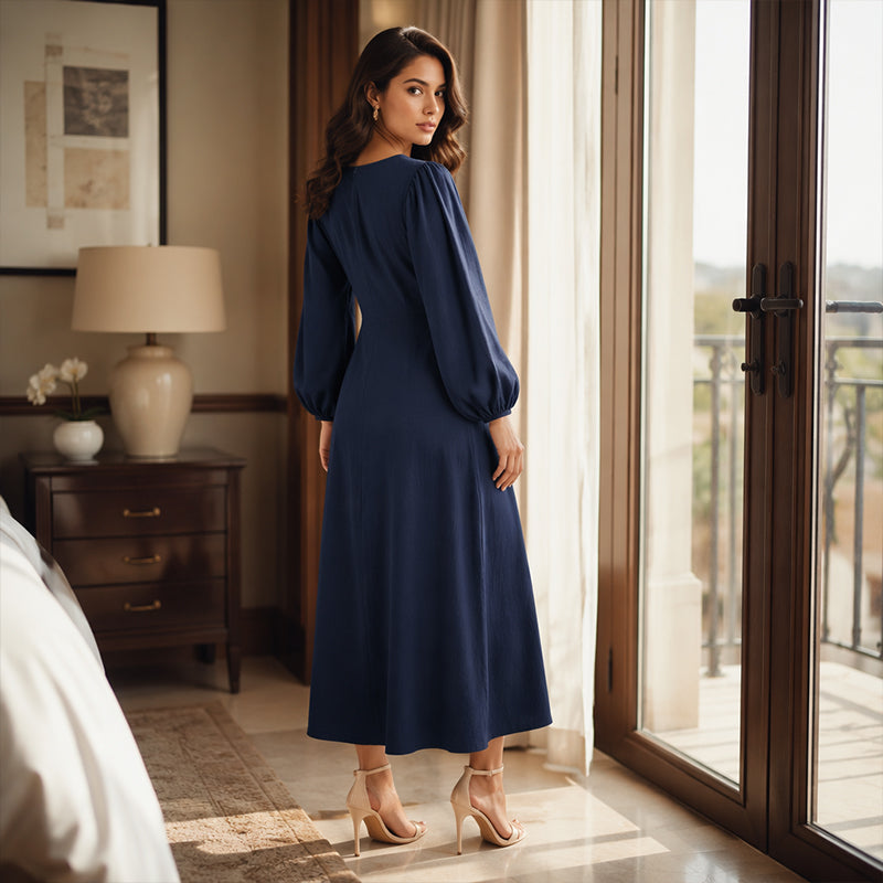 Navy V-neck maxi dress with puff sleeves and button front