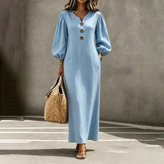Women's light blue V-neck maxi dress with puff sleeves and button-front placket