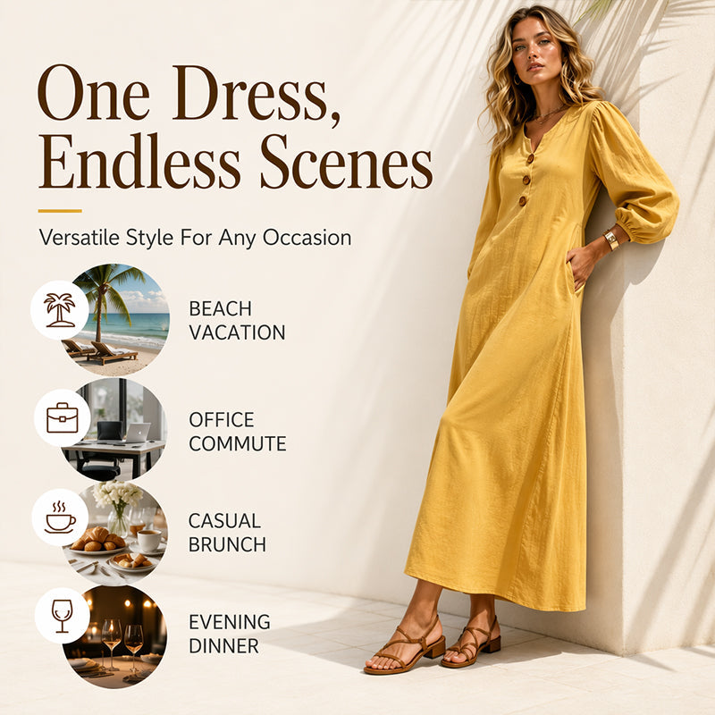Yellow V-neck maxi dress with puff sleeves and button front, ankle-length