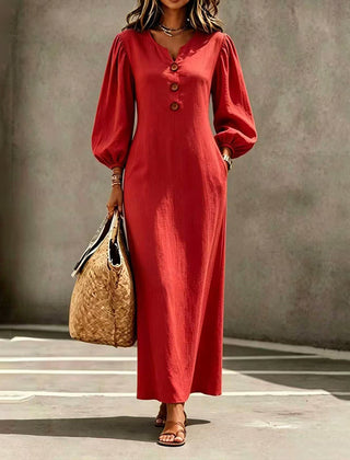 Women's red V-neck maxi dress with puff sleeves and button-front detailing