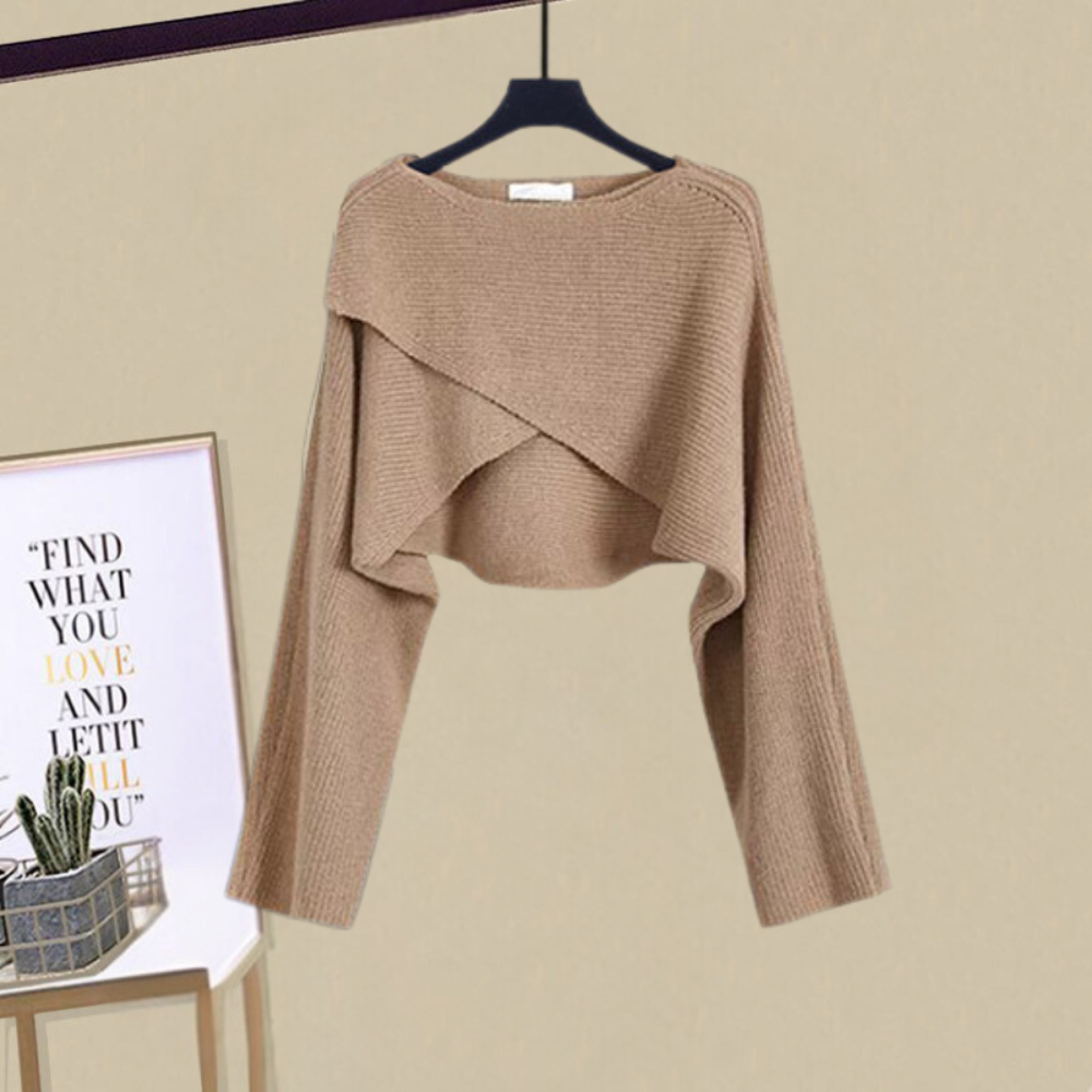 Amberly™ elegant dress set: beige long-sleeve ruffle cropped top with wide neck
