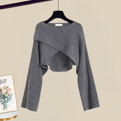 Amberly™ elegant dress set: heather gray long-sleeve ruffle cropped top