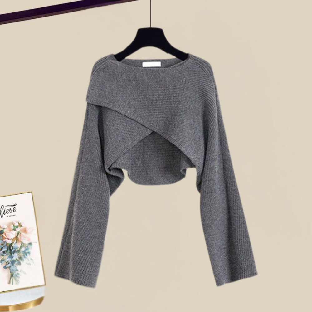 Amberly™ elegant dress set: heather gray long-sleeve ruffle cropped top