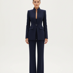 Navy blazer and wide-leg palazzo pants set, single-button blazer, straight tailored legs.
