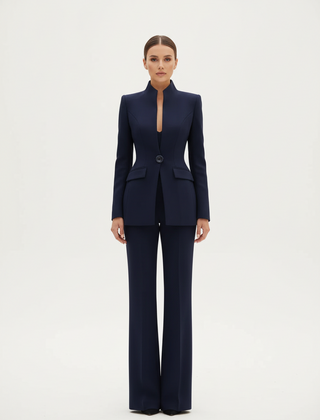 Navy blazer and wide-leg palazzo pants set, single-button blazer, straight tailored legs.