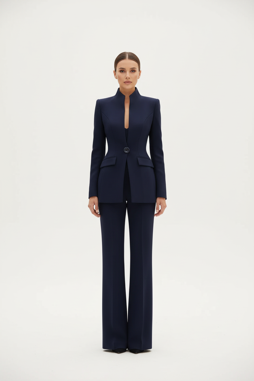 Navy blazer and wide-leg palazzo pants set, single-button blazer, straight tailored legs.
