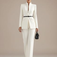 White blazer and wide-leg palazzo pants set, tailored jacket with belt detail.