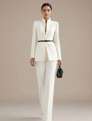 White blazer and wide-leg palazzo pants set, tailored jacket with belt detail.