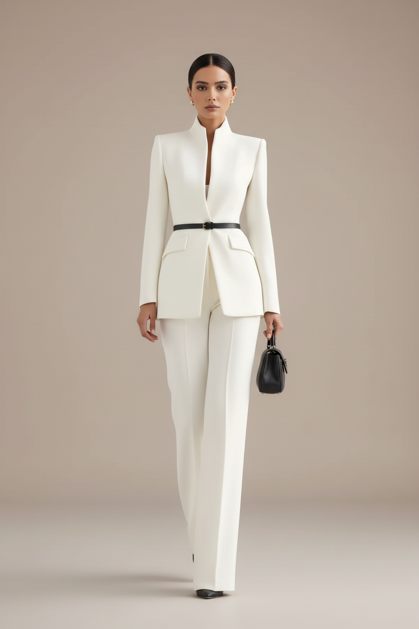 White blazer and wide-leg palazzo pants set, tailored jacket with belt detail.