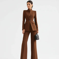 Brown blazer and wide-leg palazzo pants set, single-button blazer with fitted shape.