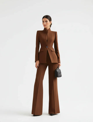 Brown blazer and wide-leg palazzo pants set, single-button blazer with fitted shape.