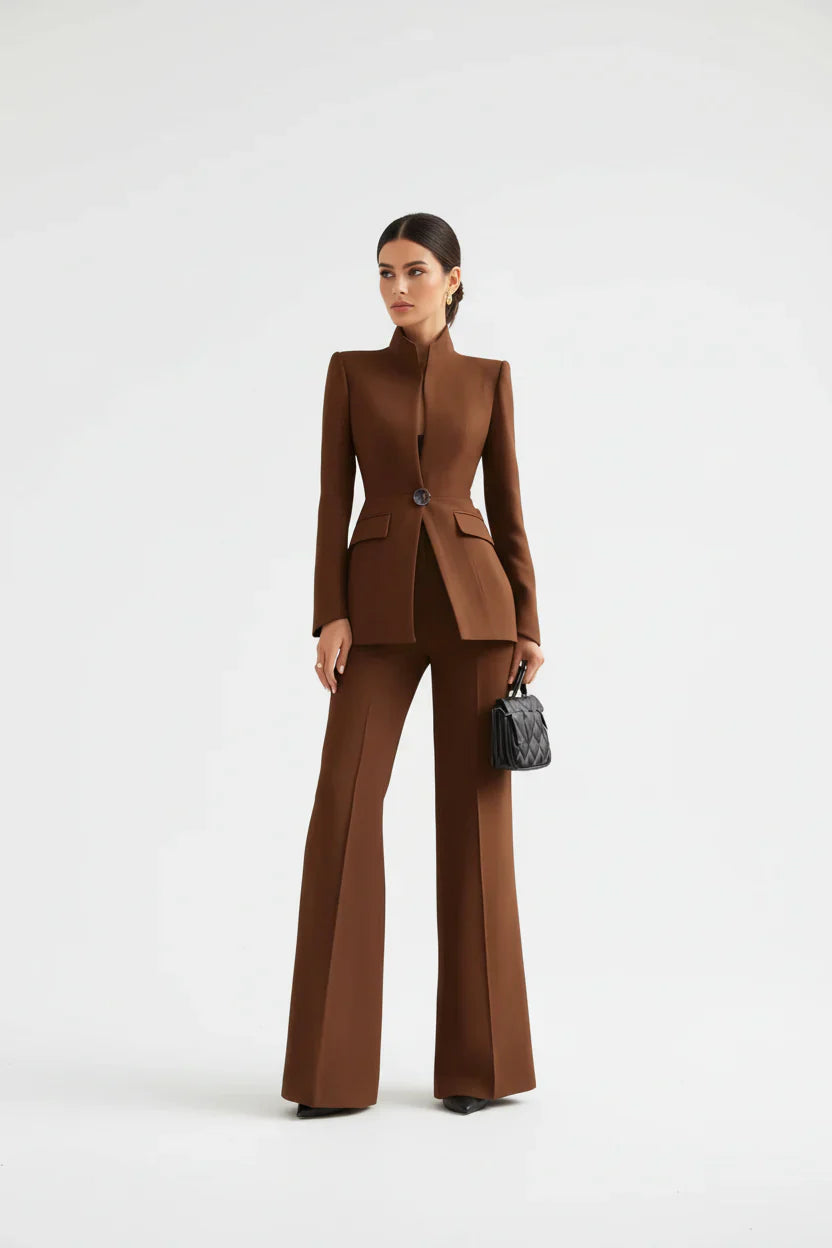 Brown blazer and wide-leg palazzo pants set, single-button blazer with fitted shape.