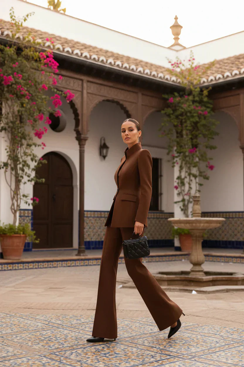 Women’s blazer and palazzo pants set in brown, tailored long-sleeve jacket