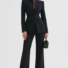 Black blazer and wide-leg palazzo pants set, single-button blazer, tailored fit.