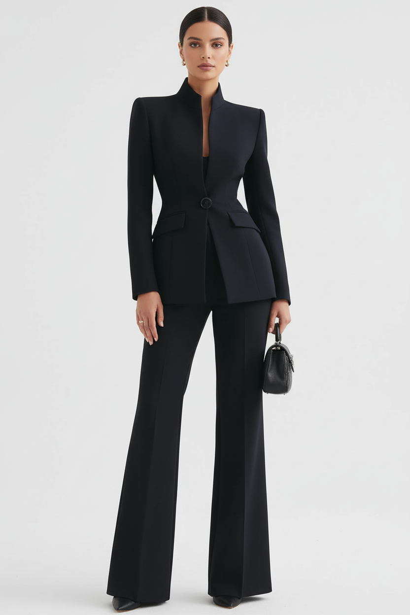 Black blazer and wide-leg palazzo pants set, single-button blazer, tailored fit.