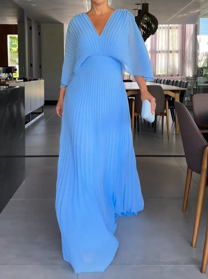 Light blue ribbed V-neck maxi dress with gathered waist and 3/4 sleeves