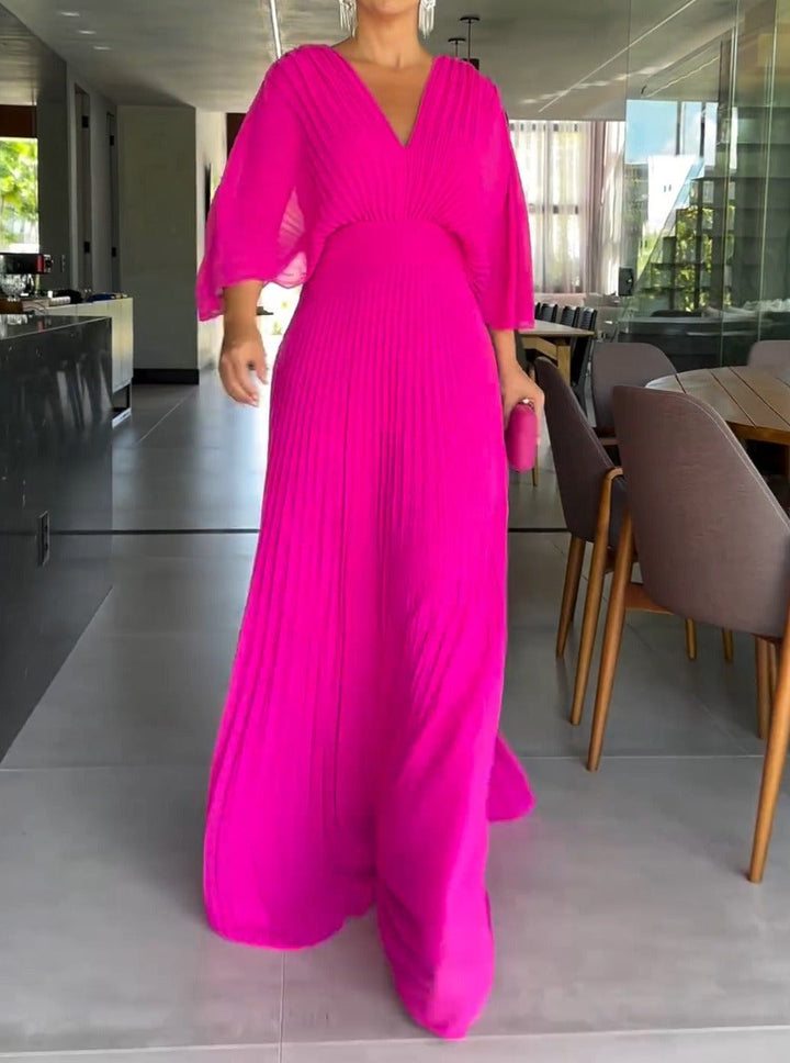 Fuchsia pink ribbed V-neck maxi dress with gathered waist and 3/4 sleeves