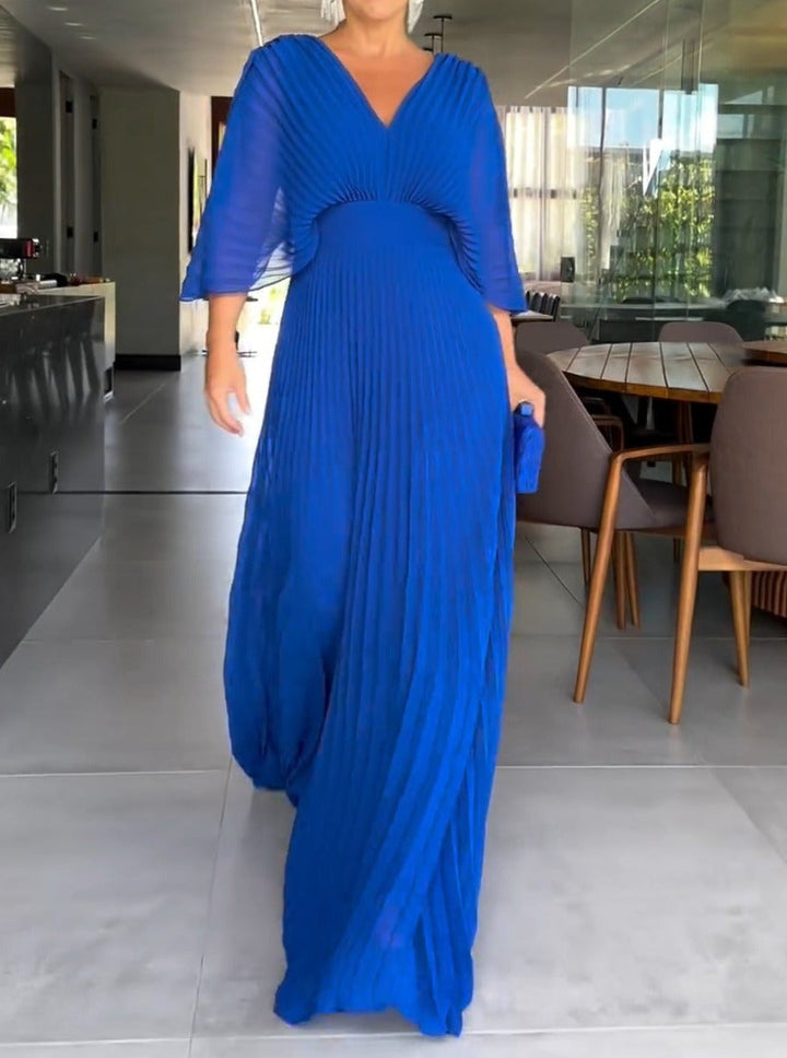 Royal blue ribbed V-neck maxi dress with gathered waist and 3/4 sleeves