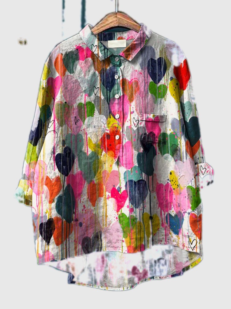 Valentina multicolor heart print button-up shirt with collar