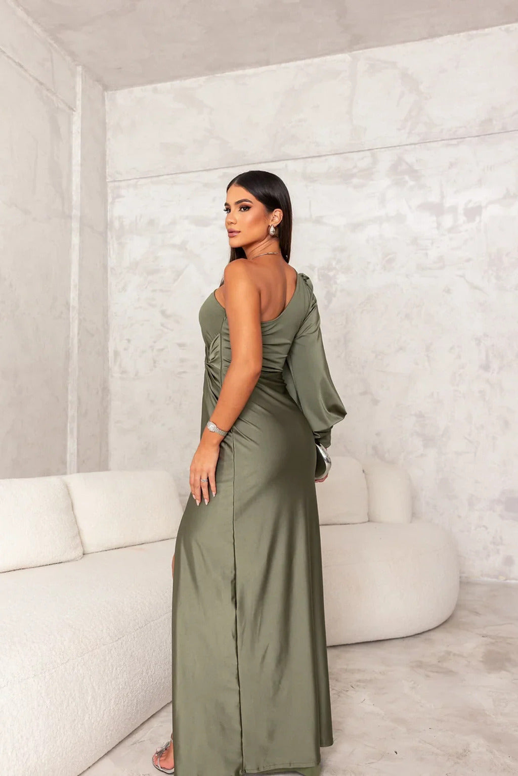 Olive green one-shoulder satin maxi dress with draped twist and side slit