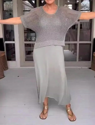 Gray two-piece knit top and light midi skirt set with short sleeves and wide neckline