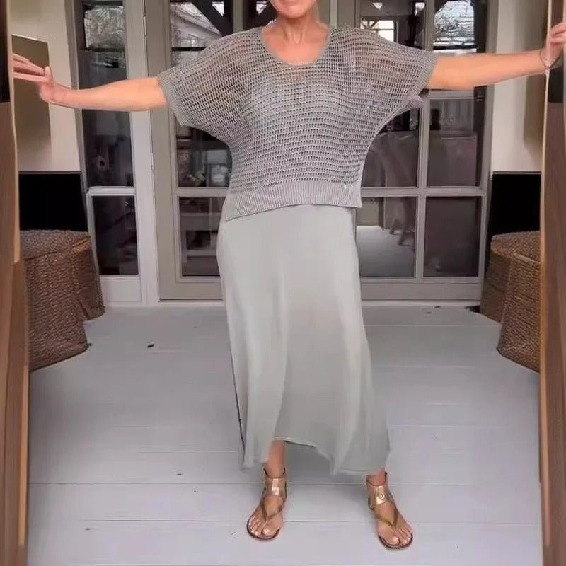 Gray two-piece knit top and light midi skirt set with short sleeves and wide neckline