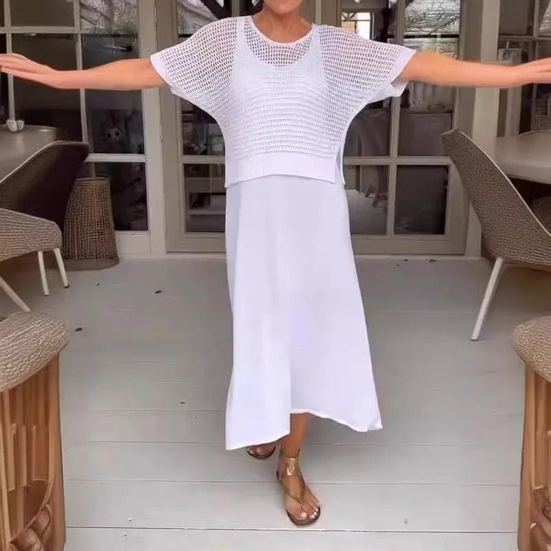 White two-piece knit top and white midi skirt set with short sleeves and a round neck
