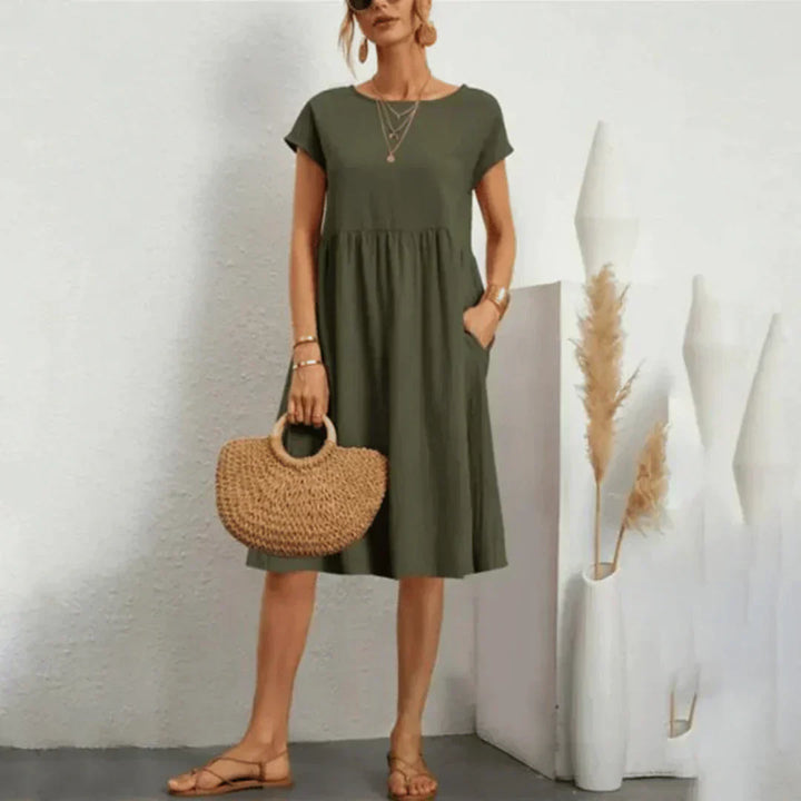 Mira™ relaxed midi dress, olive green, short sleeves, scoop neck, gathered waist