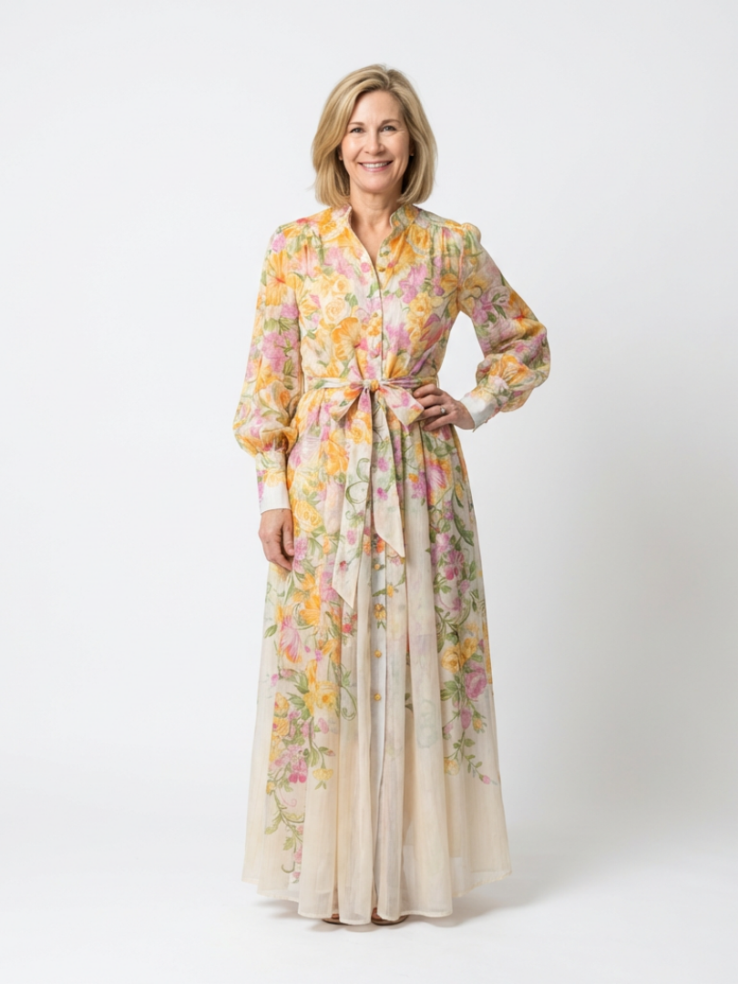 Floral sheer long-sleeve maxi dress with yellow base and pink blossoms, tie waist