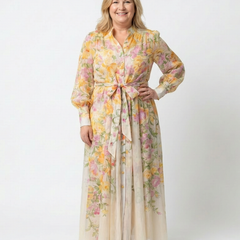 Floral sheer long-sleeve maxi dress with yellow floral print, cinched tie belt, full length