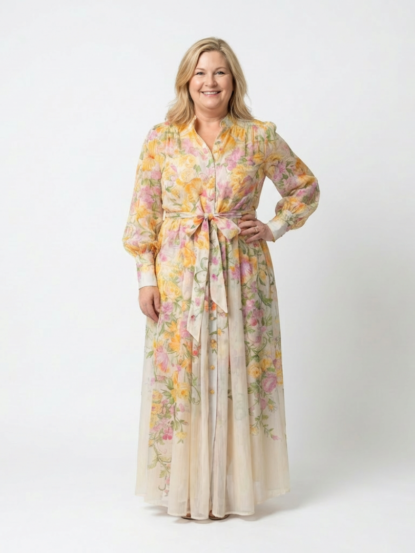 Floral sheer long-sleeve maxi dress with yellow floral print, cinched tie belt, full length