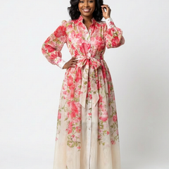 Floral sheer long-sleeve maxi dress with red floral print, tie waist bow, button front