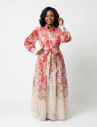 Floral sheer long-sleeve maxi dress with red floral print, tie waist bow, button front