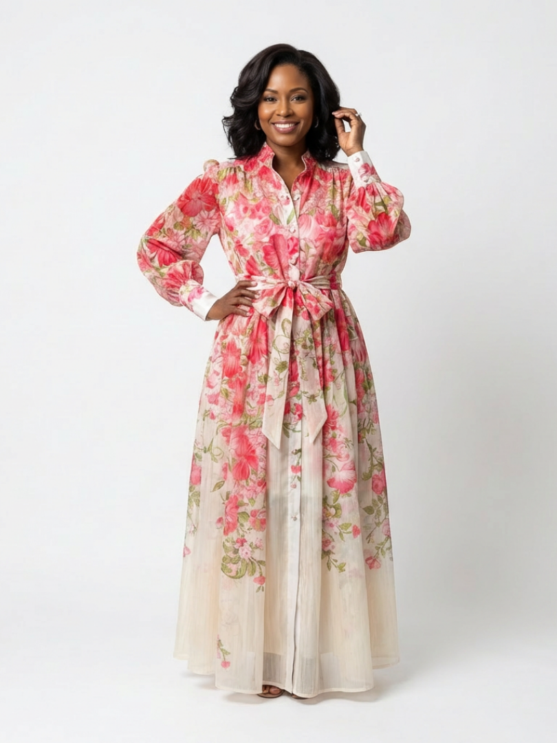 Floral sheer long-sleeve maxi dress with red floral print, tie waist bow, button front