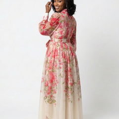 Floral sheer long-sleeve maxi dress with red floral print, full length, side pose