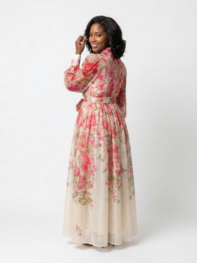 Floral sheer long-sleeve maxi dress with red floral print, full length, side pose