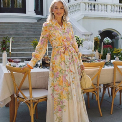 Floral sheer long-sleeve maxi dress with yellow floral print, tie waist, full length