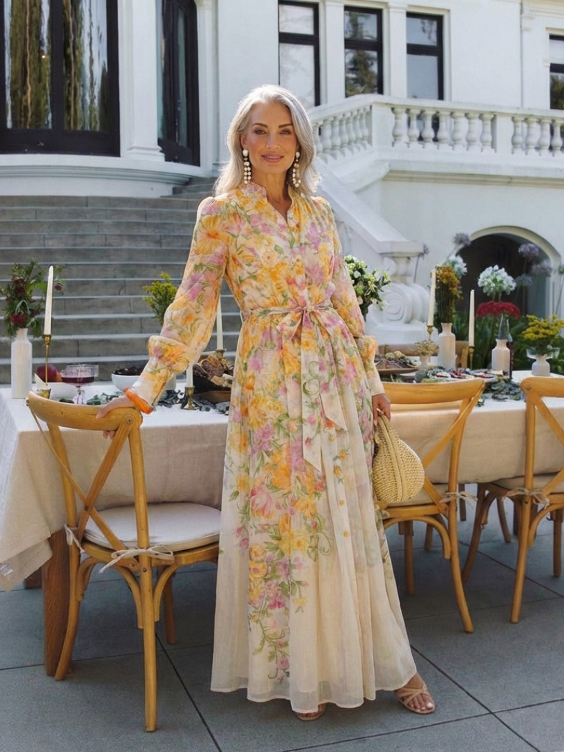 Floral sheer long-sleeve maxi dress with yellow floral print, tie waist, full length