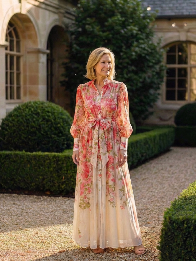 Floral sheer long-sleeve maxi dress with red floral print and tie waist, standing