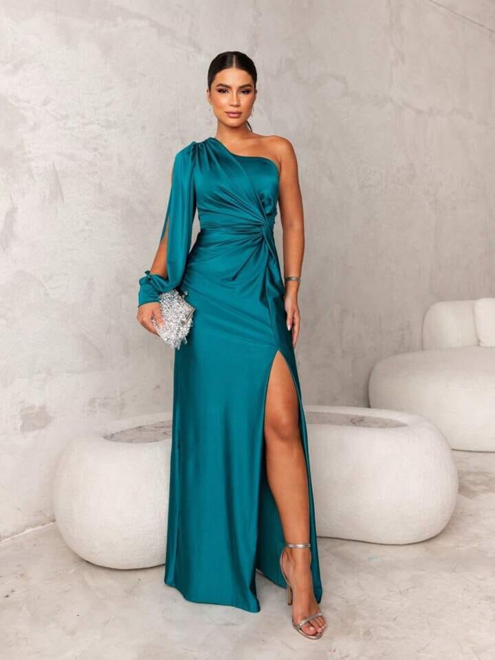 Penelope™ elegant casual dress in teal, one-shoulder draped twist with side thigh slit