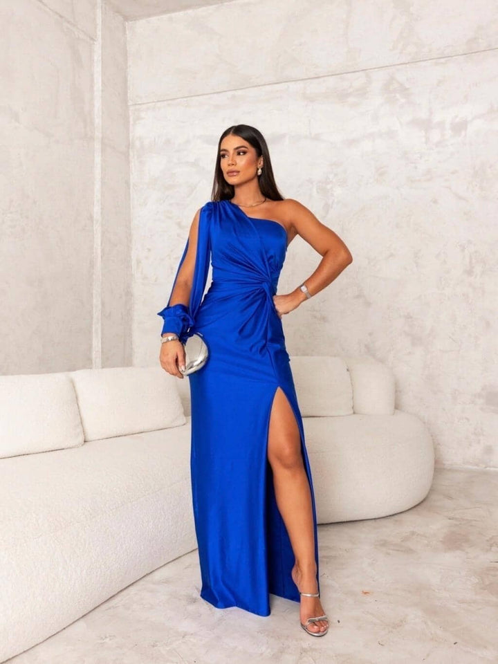 Penelope™ elegant casual dress in royal blue, one-shoulder draped twist with thigh slit