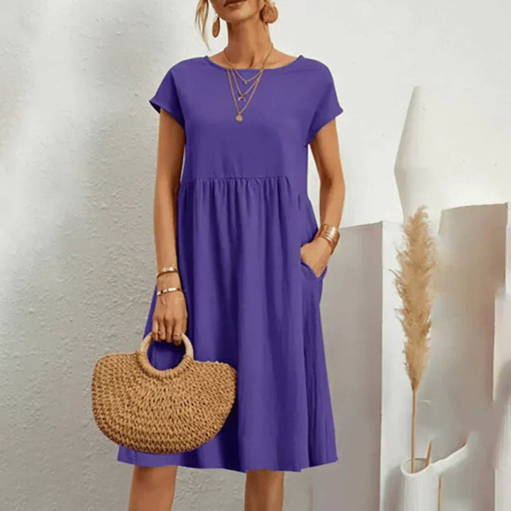 Mira™ relaxed midi dress, violet purple, short sleeves, scoop neck, gathered waist