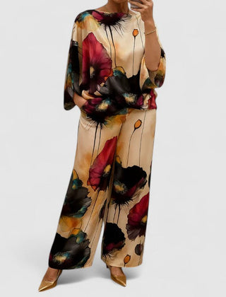 Two-piece set with flowy top and wide-leg pants, multicolor floral print with magenta tones