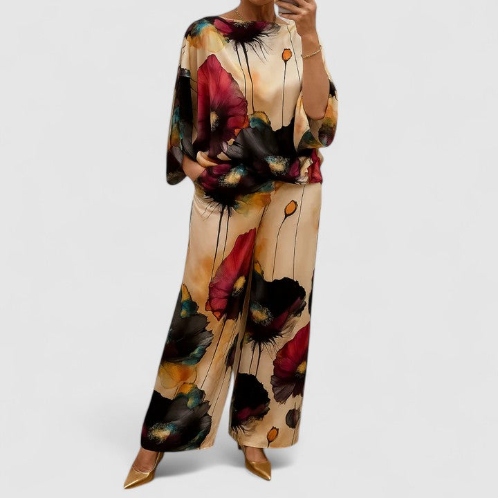 Two-piece set with flowy top and wide-leg pants, multicolor floral print with magenta tones