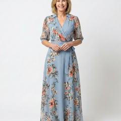 Blue floral wrap V-neck maxi dress with 3/4 sleeves and tied waist sash