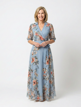Blue floral wrap V-neck maxi dress with 3/4 sleeves and tied waist sash