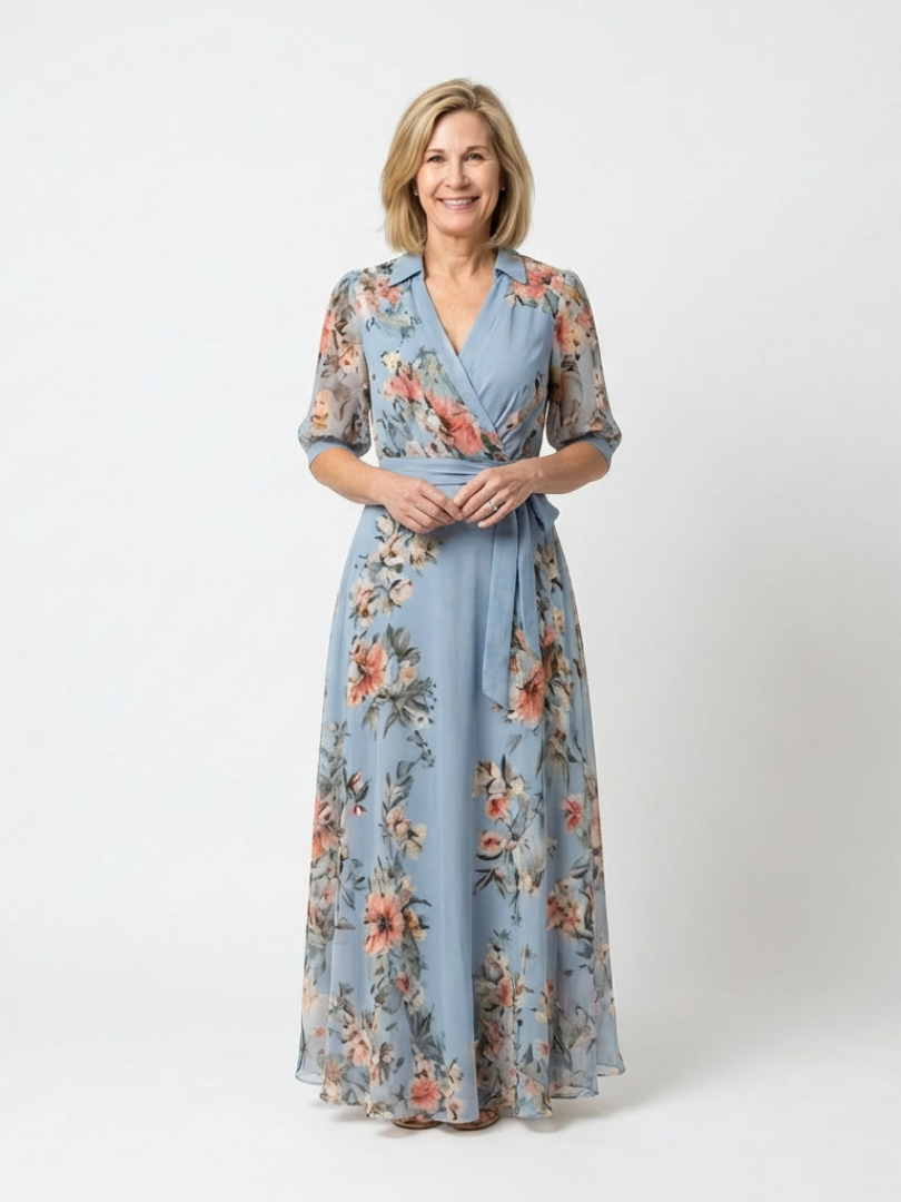 Blue floral wrap V-neck maxi dress with 3/4 sleeves and tied waist sash